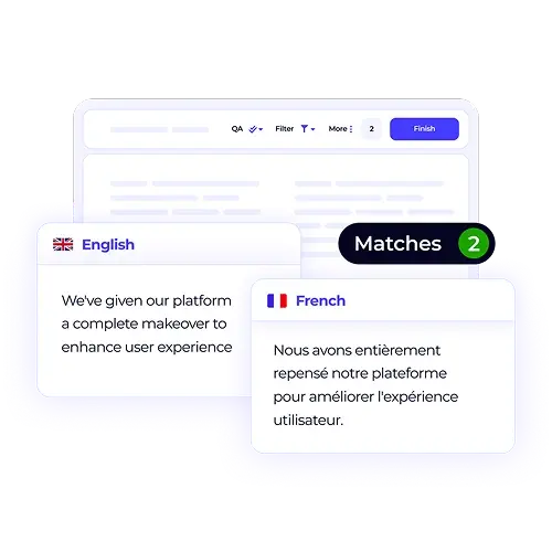 Translation Memory (TM) matches for English to French content. The interface shows a source English phrase and its translated French counterpart, highlighting efficient reuse of previously translated content.