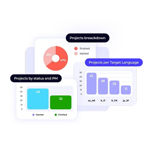 A dashboard overview with a purplish glow, showing three charts for project tracking: Projects by status and PM, Projects per Target Language, and a general Projects breakdown donut chart.