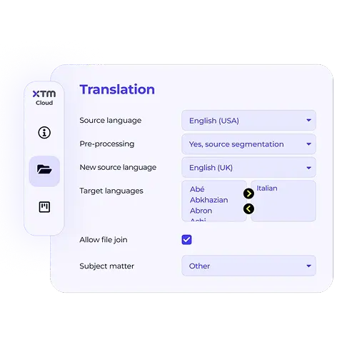 A project template screen with a purplish glow, showing a translation project setup from English (USA) to Italian. It displays options for source language, pre-processing, and target languages.