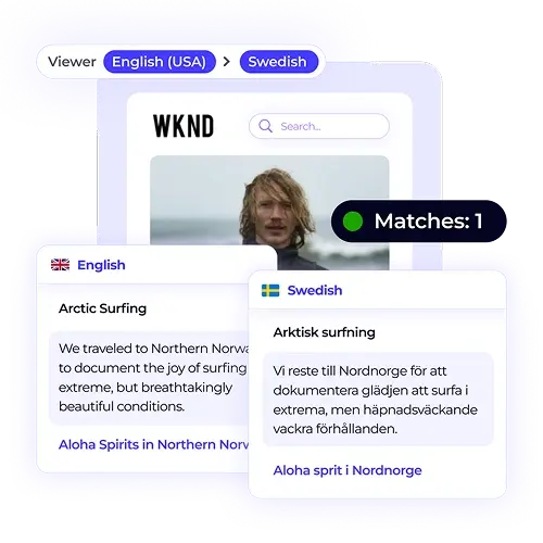 A visual preview with a purplish glow showing a translation from English to Swedish. The screen displays a preview of a website with an image and text cards with the original and translated content.