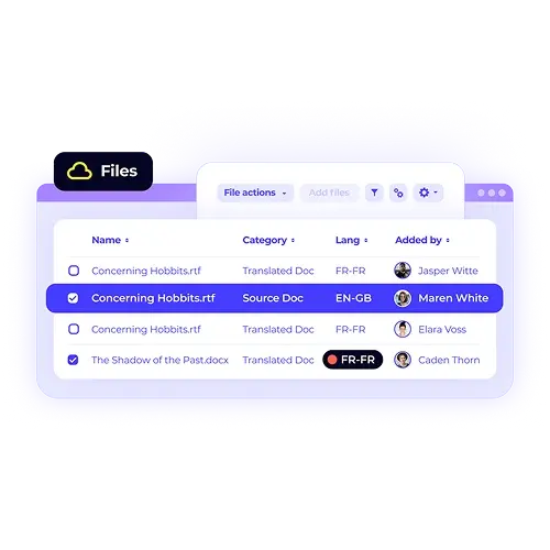 The XTRF file delivery tracking feature is displayed on a light background. It shows a clear record of source and translated documents with details on who added them and in which language. Streamline file management and ensure project transparency. Get your free demo today.