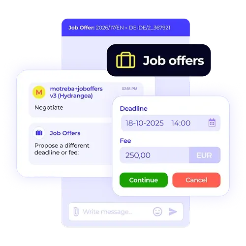 This XTRF screenshot shows a smart job offer being sent to a vendor through a clean, intuitive interface. The offer, which includes a deadline and fee, can be easily accepted or negotiated. Streamline your communication with vendors. Request a demo to learn more about our smart vendor features.