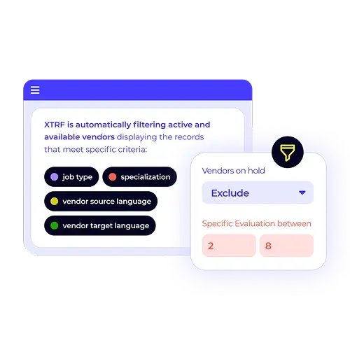 XTRF's smart vendor matching interface with a gray background. This image showcases how the system automatically filters for the best linguists based on rules like job type, specialization, and language pairs.